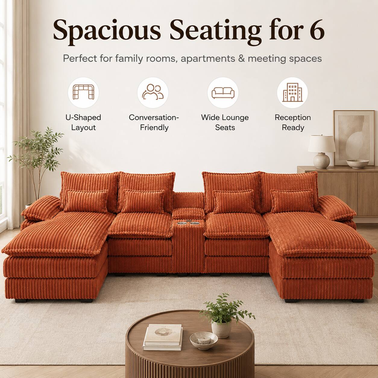 Spacious Seating for 6  
Perfect for family rooms, apartments & meeting spaces  
U-Shaped Layout  
Conversation-Friendly  
Wide Lounge Seats  
Reception Ready