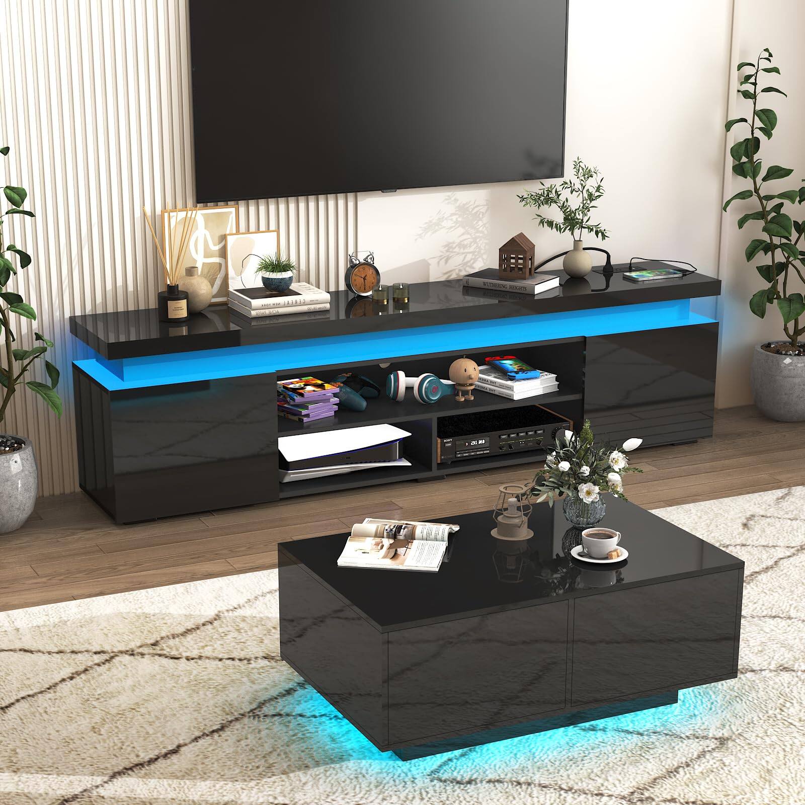 Alt View 5. Espafurni - 73" LED Media Console for 85 Inch TV | High Gloss Entertainment Center with Power Outlet & Storage - Black.