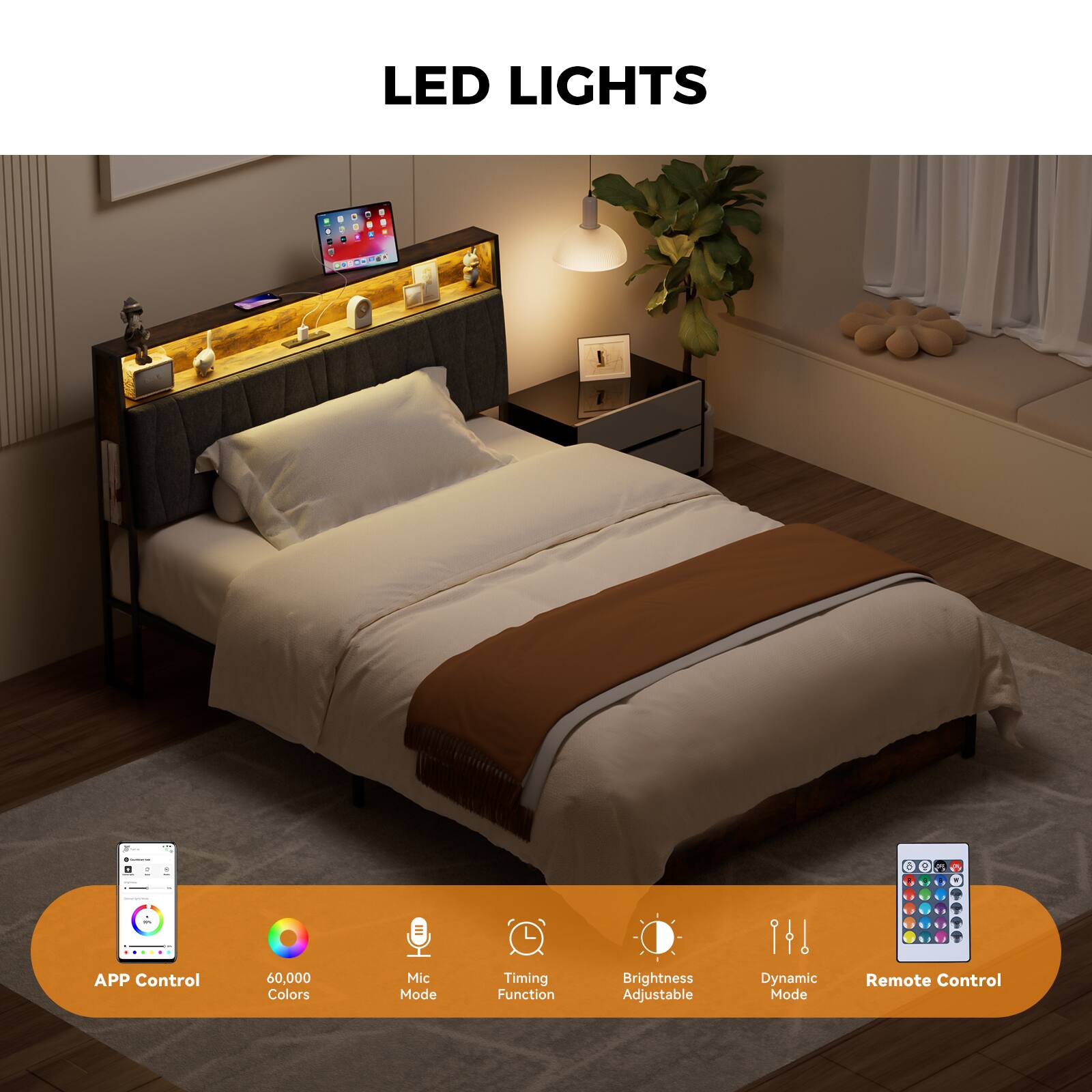 LED LIGHTS + a . | d de .  1 a  APP Control 60,000 Colors Mic Mode Timing Function Brightness Adjustable 1!! Dynamic Mode Remote Control