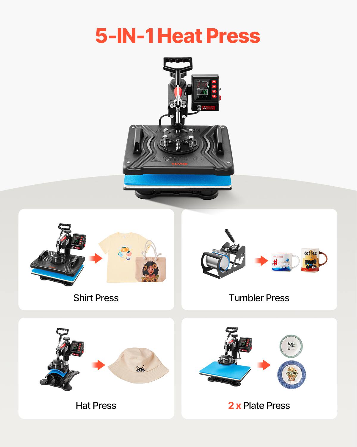 5-IN-1 Heat Press

2% SAL ESSON HOT 2018.00.00 VEVOR

- Coffee
- Shirt Press
- Tumbler Press
- Hat Press
- 2x Plate Press