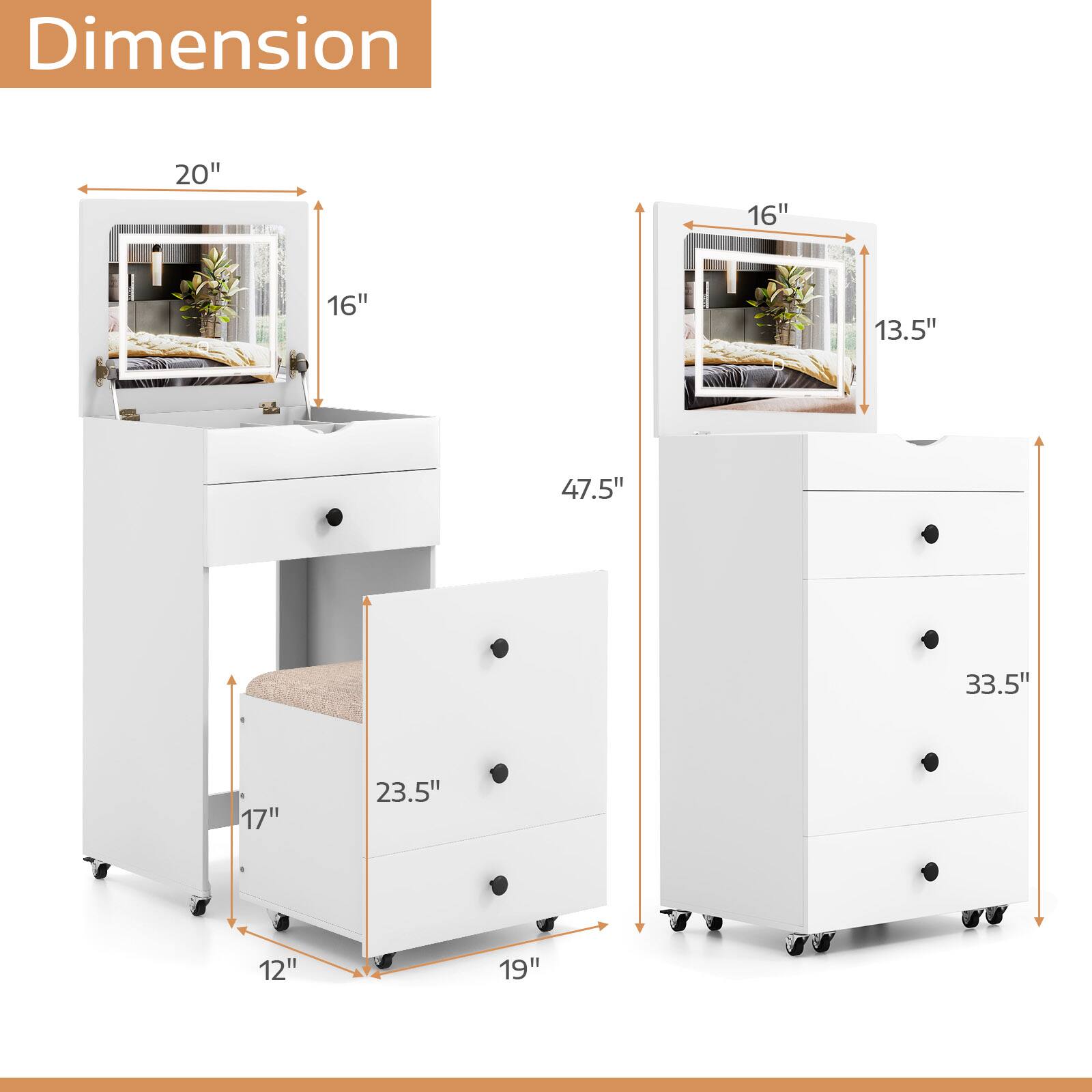 20", 16", 16", 13.5", 47.5", 33.5", 17", 23.5", 12", 19"