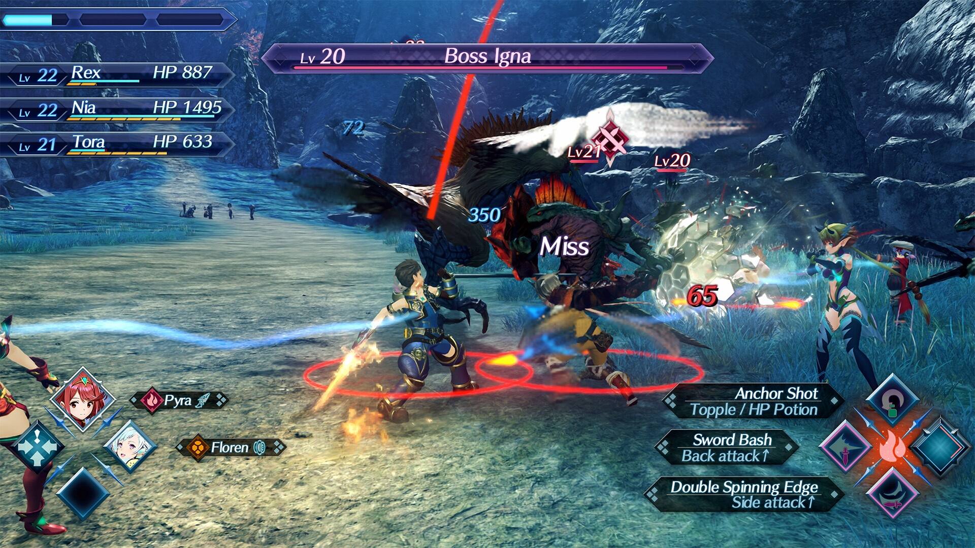 Lv 22 Rex HP 887  
Lv 20 Boss Ignia  
Lv 22 Nia HP 1495  
Lv 21 Tora HP 633  

72  
Lv21  
Lv20  
350  
Miss 65  

Floren  
Anchor Shot  
Topple / HP Potion  
Sword Bash  
Back attack 1  
Double Spinning Edge  
Side attack 1