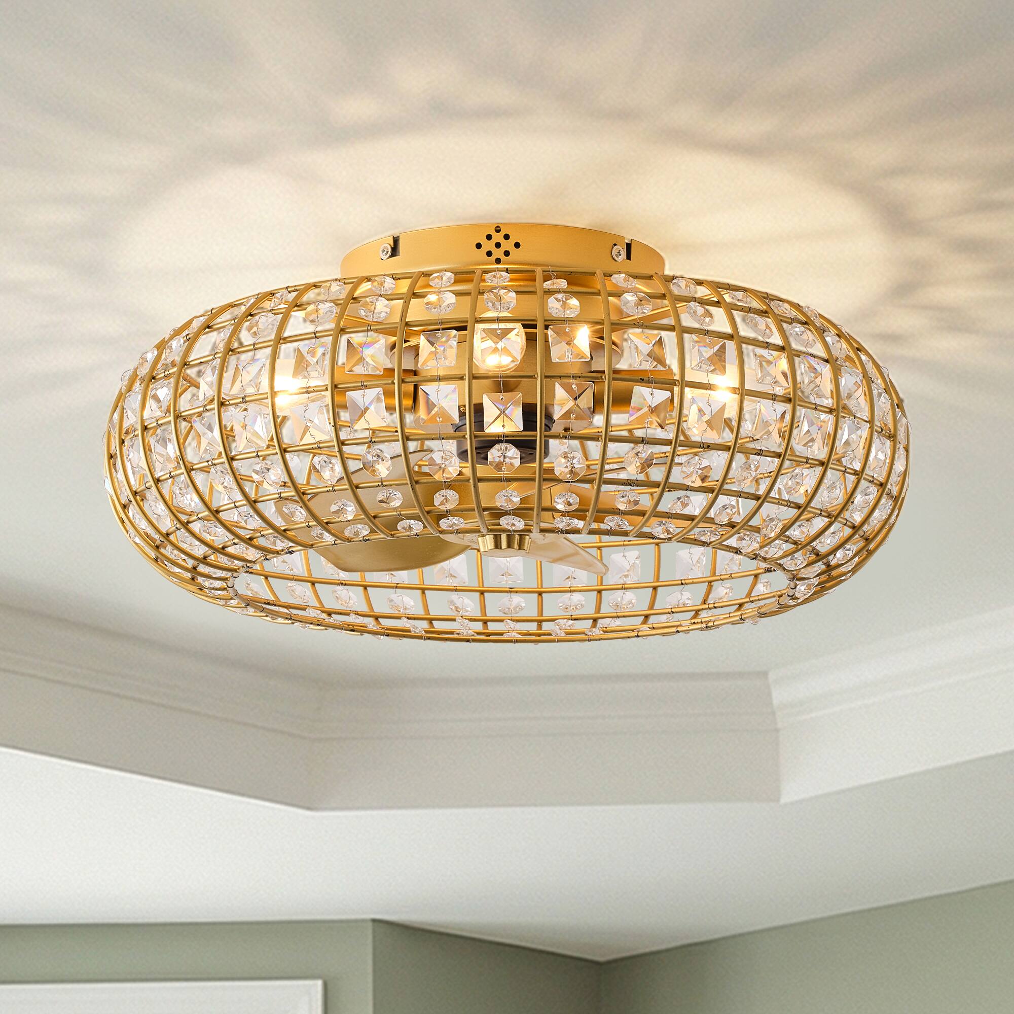 Alt View 1. Vaczon - 20" Modern Luxury Crystal Flush Mount Caged Ceiling Fan with Light and Remote, 6-Speed DC Motor - Gold.