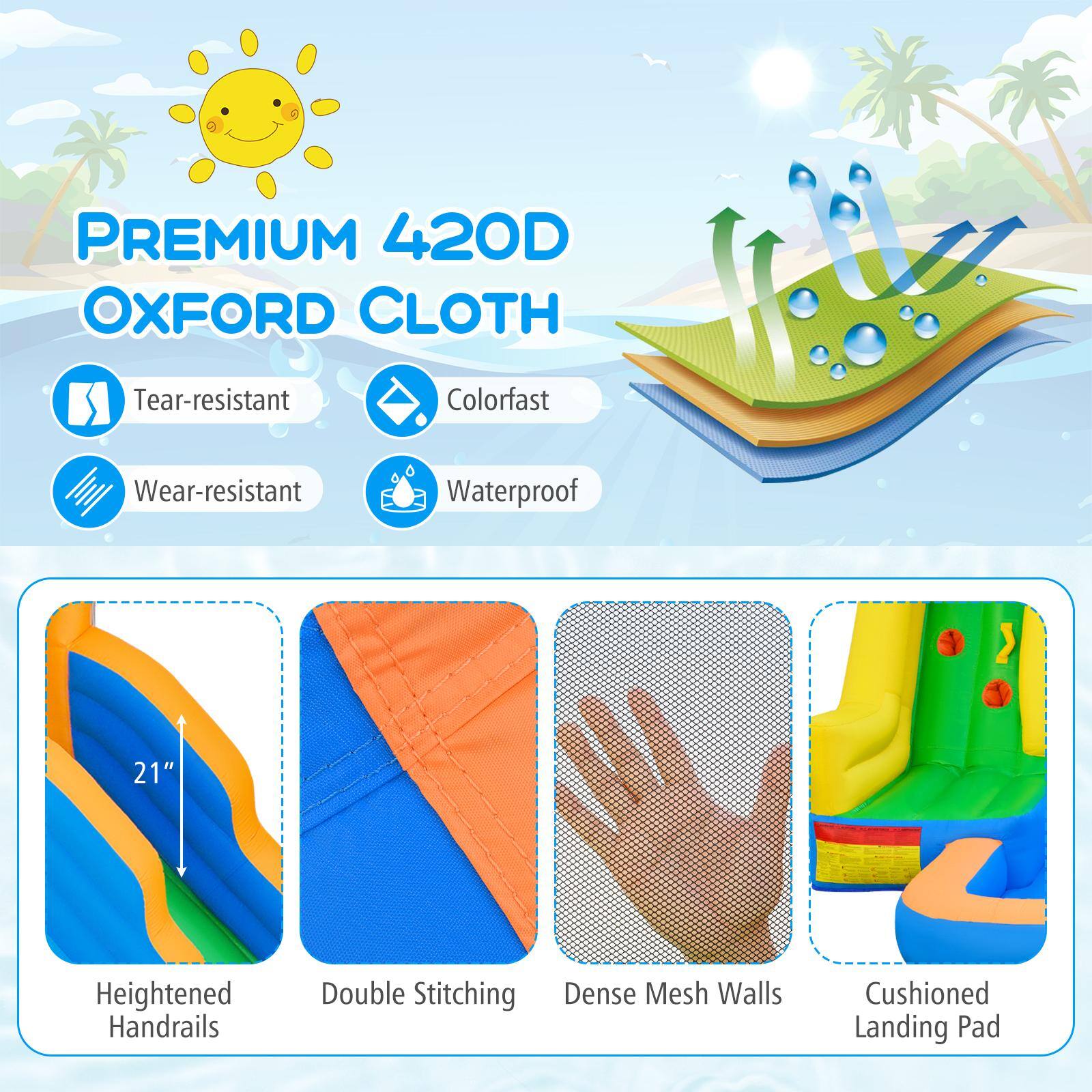 PREMIUM 420D OXFORD CLOTH

- Tear-resistant
- Colorfast
- Wear-resistant
- Waterproof

21" M

- Heightened Handrails
- Double Stitching
- Dense Mesh Walls
- Cushioned Landing Pad