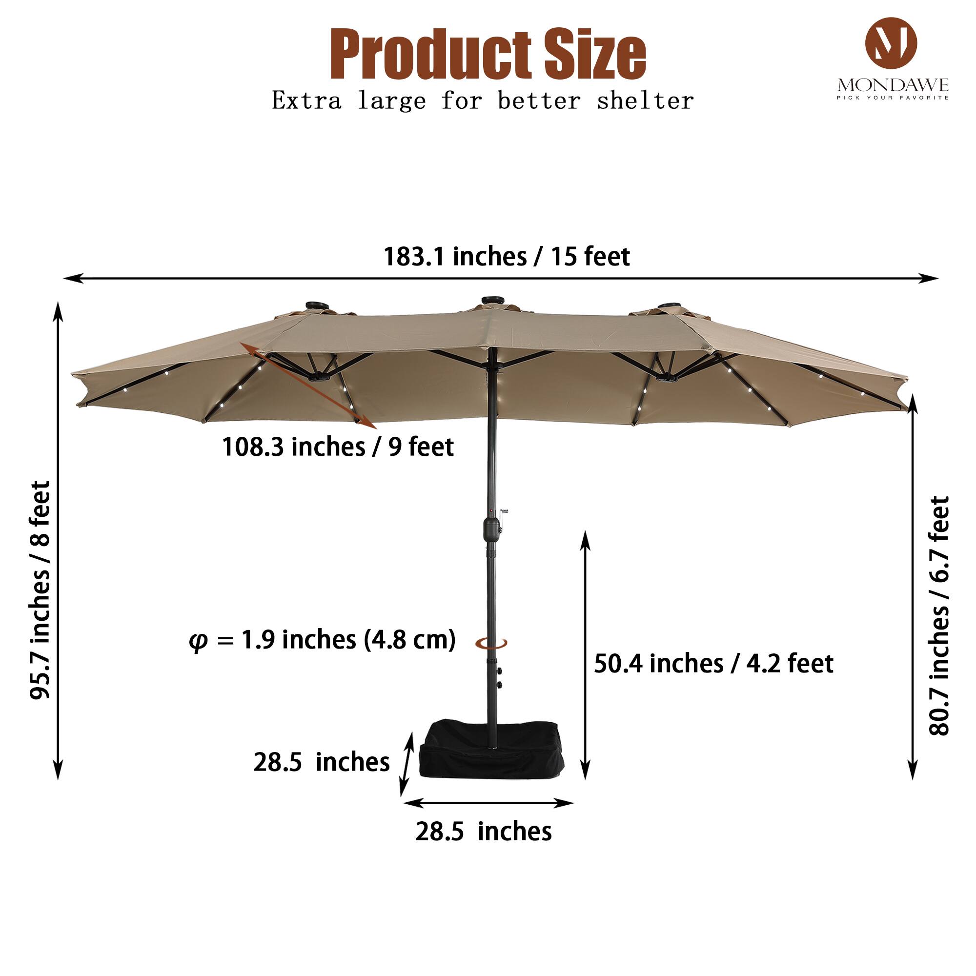 Product Size  
Extra large for better shelter  

- 183.1 inches / 15 feet  
- 108.3 inches / 9 feet  
- 95.7 inches / 8 feet  
- 50.4 inches / 4.2 feet  
- 80.7 inches / 6.7 feet  
- 28.5 inches  
- 28.5 inches  
- φ = 1.9 inches (4.8 cm)