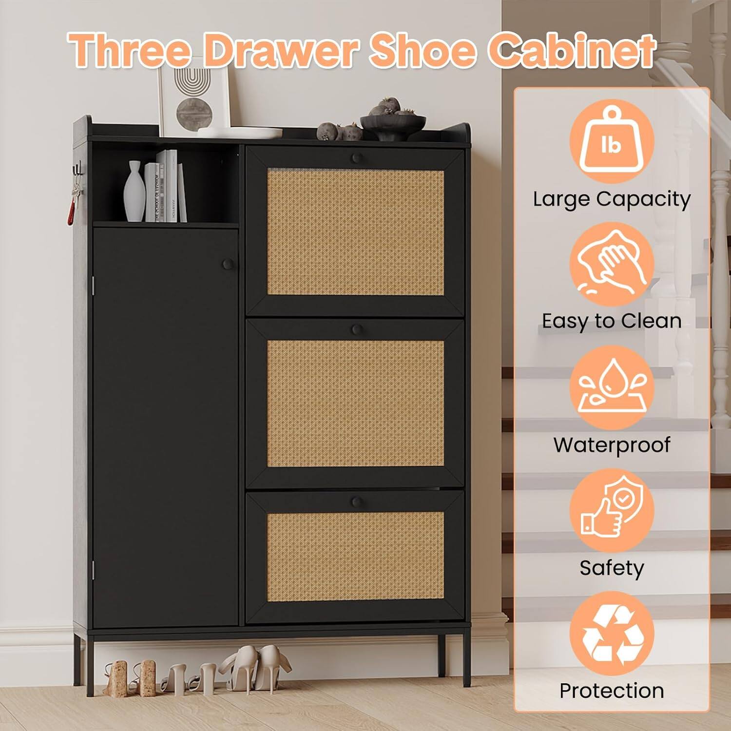 Three Drawer Shoe Cabinet

- Large Capacity
- Easy to Clean
- Waterproof
- Safety
- Protection