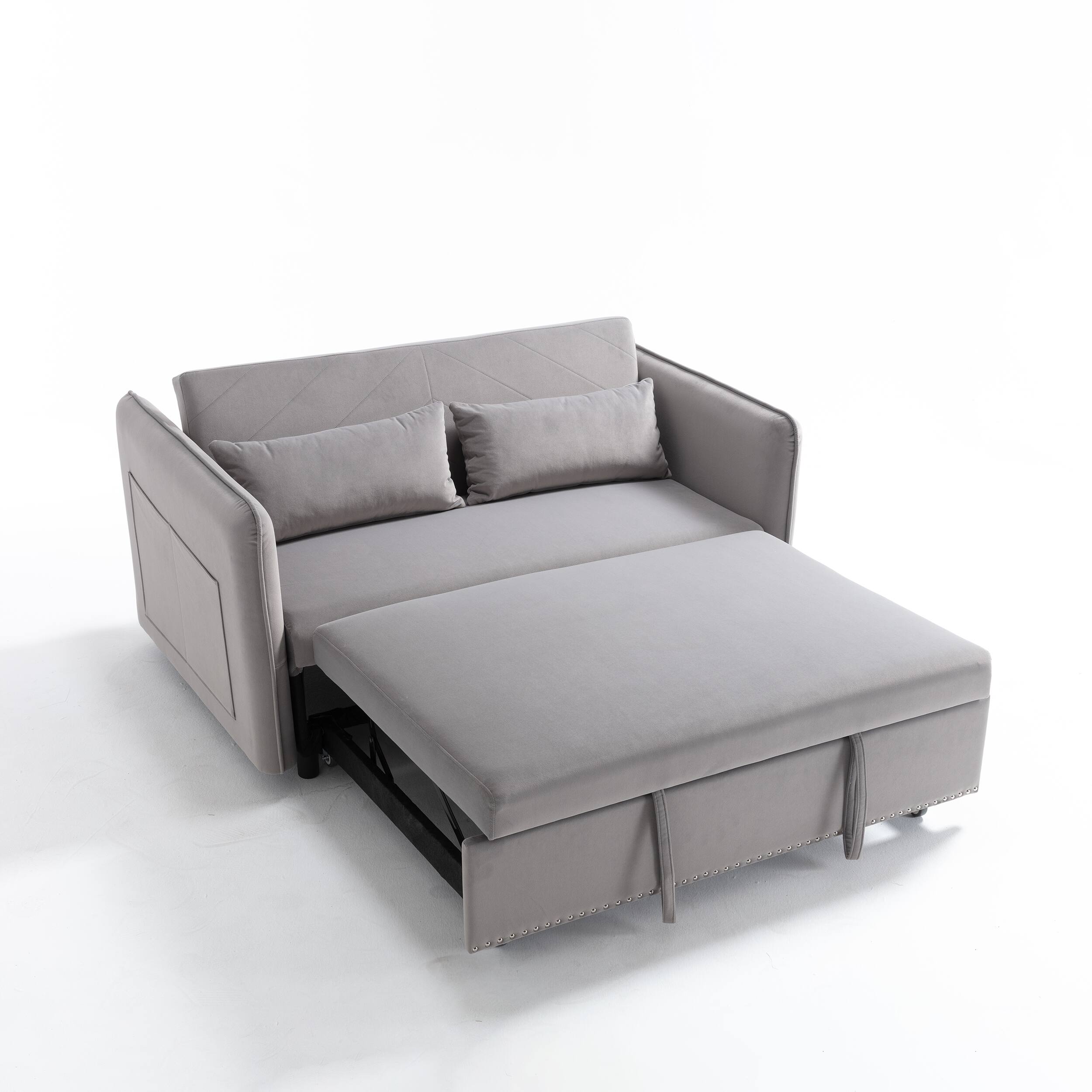 Alt View 10. Tiramisubest - 3 in 1 Convertible Sleeper Futon Sofa Bed,55" Velvet Loveseat with 2 Pillows,Reclining Backrest & Side Pockets,Gray - Grey.