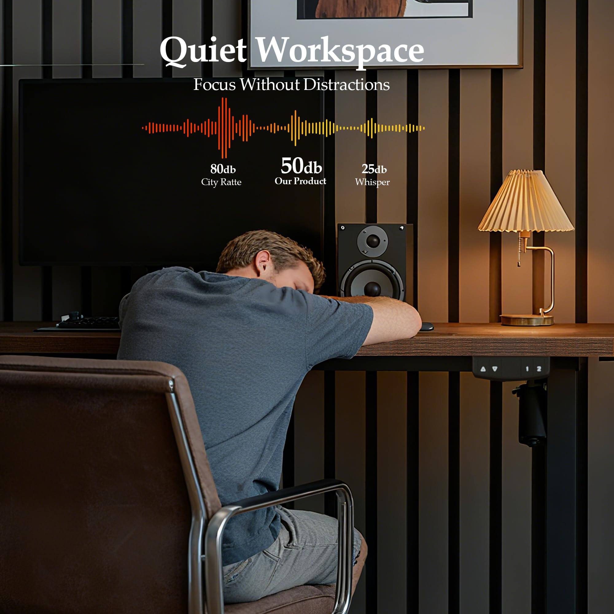 Quiet Workspace  
Focus Without Distractions  

80db City Rattle  
50db Our Product  
25db Whisper