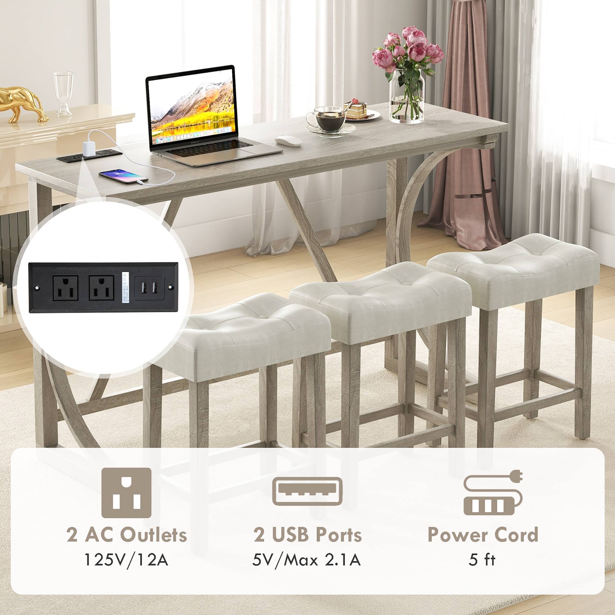 2 AC Outlets  
125V/12A  

2 USB Ports  
5V/Max 2.1A  

Power Cord  
5 ft