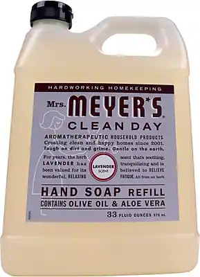 HARDWORKING HOMEKEEPING
Mrs. MEYER'S
CLEAN DAY
AROMATHERAPEUTIC HOUSEHOLD PRODUCTS
Creating clean and happy homes since 2001.
Tough on dirt and grime. Gentle on the earth.
For years, the herb LAVENDER has been valued for its wonderful, RELAXING SCENT.
LAVENDER SCENT
A scent that's soothing, tranquilizing and is believed to RELIEVE FATIGUE. All from an herb.
HAND SOAP REFILL
CONTAINS OLIVE OIL & ALOE VERA
33 FLUID OUNCES 975 mL