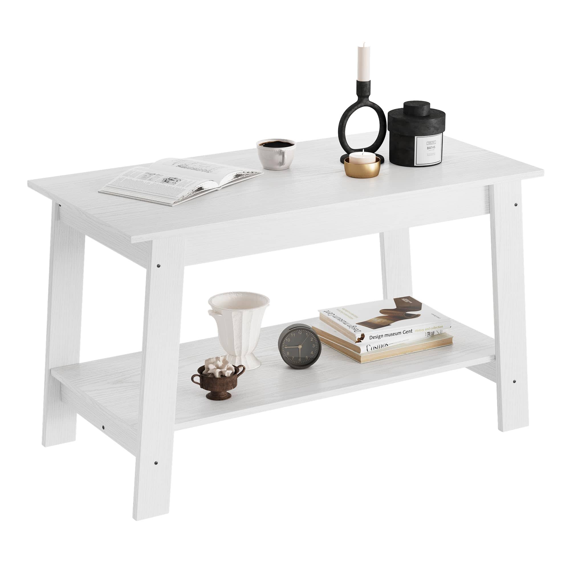 Acekool - Coffee Table, Coffee Table for Living Room, Modern Farmhouse Coffee Table with Storage Shelf, 2-Tier Living Room Table - White
