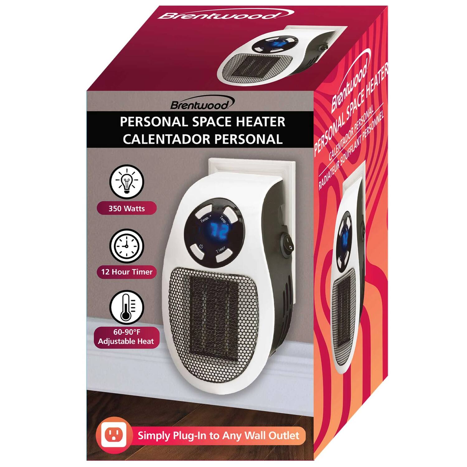 Brentwood Personal Space Heater  
Calentador Personal  
350 Watts  
12 Hour Timer  
60-90°F Adjustable Heat  
Simply Plug-In to Any Wall Outlet