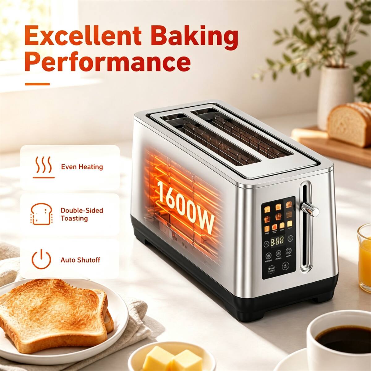 Excellent Baking Performance - Even Heating Double-Sided Toasting Auto Shutoff
1600W
8:88