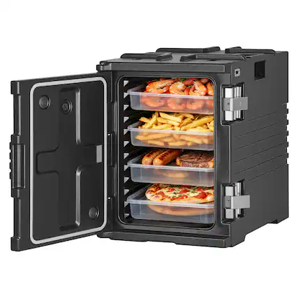Front. VEVOR - Insulated Food Pan Carrier, 95 Qt Non-Electrical Food Warmer, with Wheel & 304 Stainless Steel Latch, LLDPE Stackable - Black.