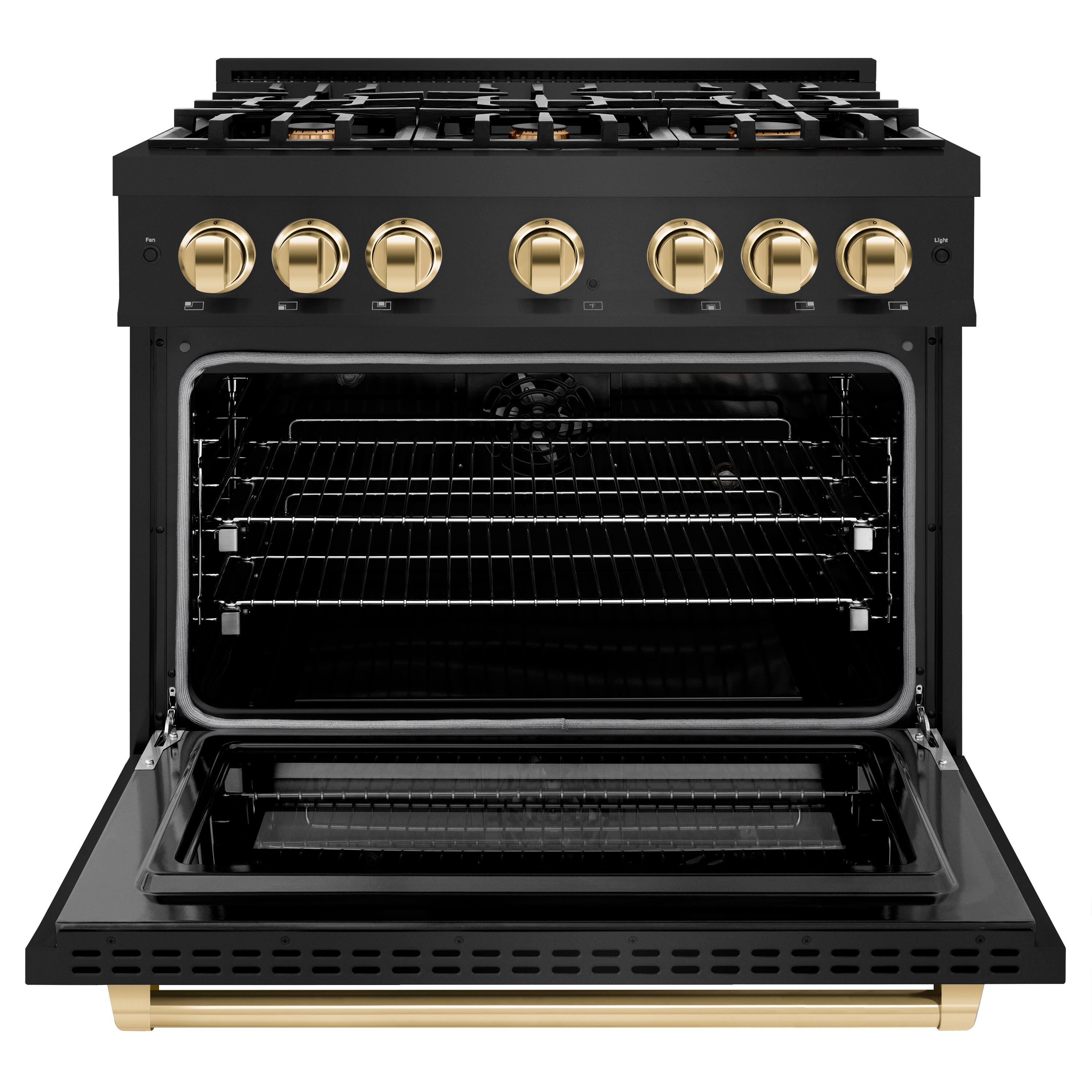 Left. ZLINE - ZLINE Autograph 36" Select Dual Fuel Black Stainless Range w/ Gold Accents (HDRBZ-36-G) - Black.
