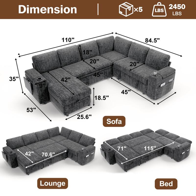 Dimension  
Sofa: 110" x 84.5" x 45" x 42" x 18.5" x 35" x 25.6"  
Lounge: 70.6" x 42"  
Bed: 115" x 71"  
Weight: 2450 LBS  
Boxes: x5