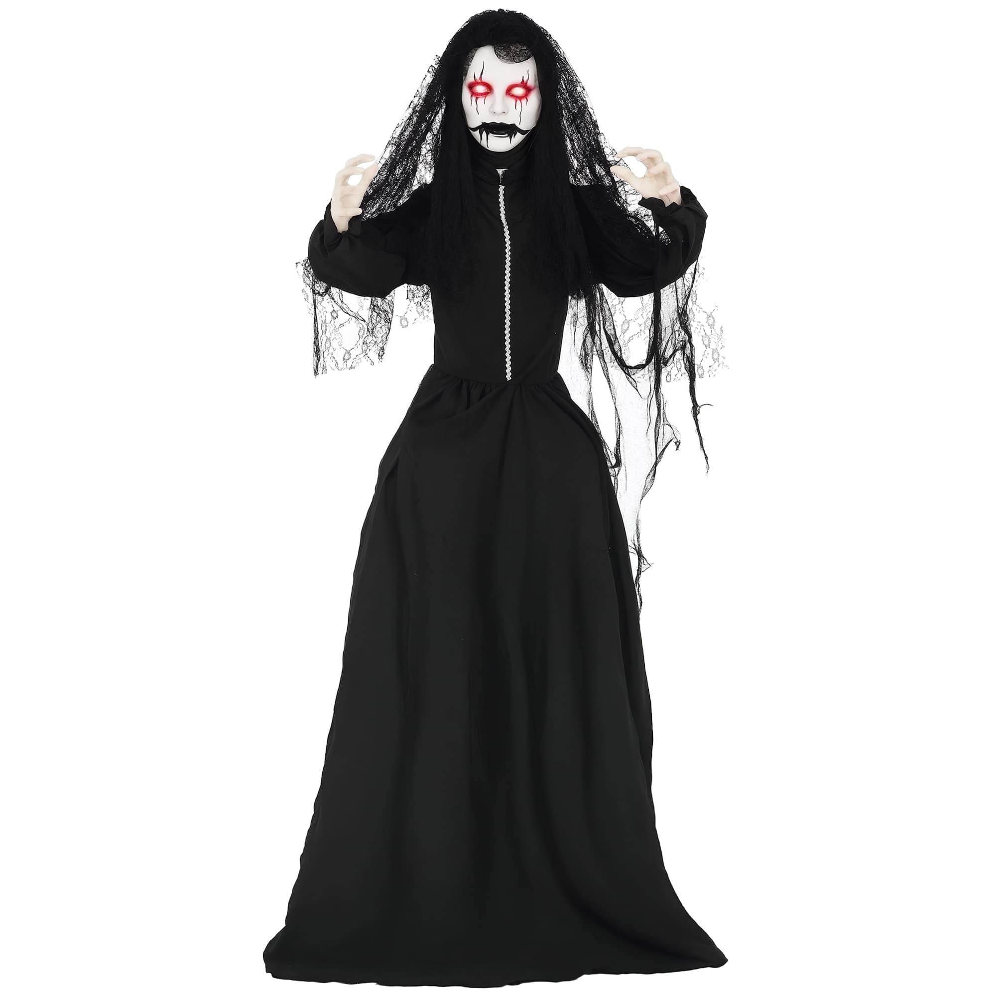 Homcom - 67" Freestanding Scary Ghost Bride with Sound Activation and Red Eyes, Creepy Voice, Battery Operated Animatronic Decor - Black