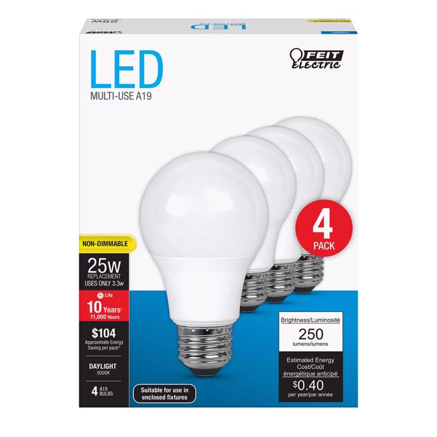FEIT ELECTRIC - Feit A19 E26 (Medium) LED Bulb Daylight 25 Watt Equivalence 4 pk