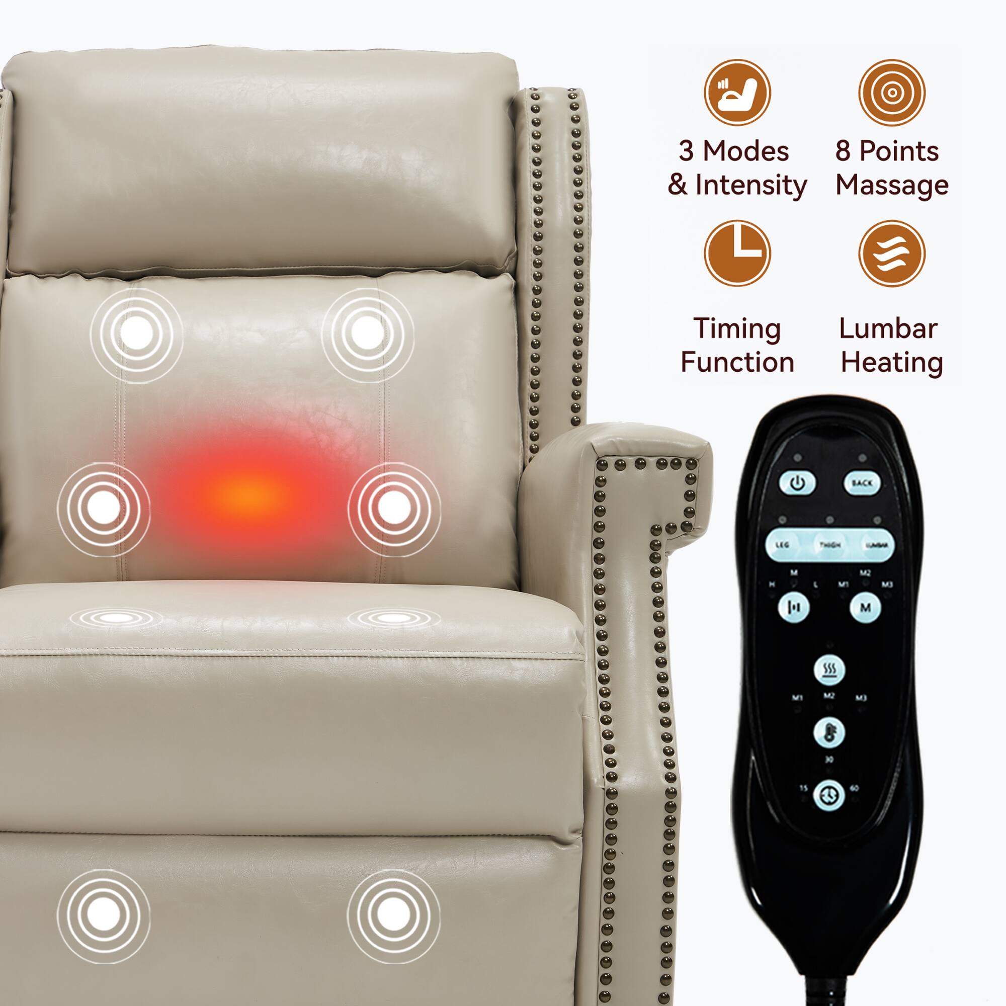 3 Modes & Intensity  
8 Points Massage  
Timing Function  
Lumbar Heating