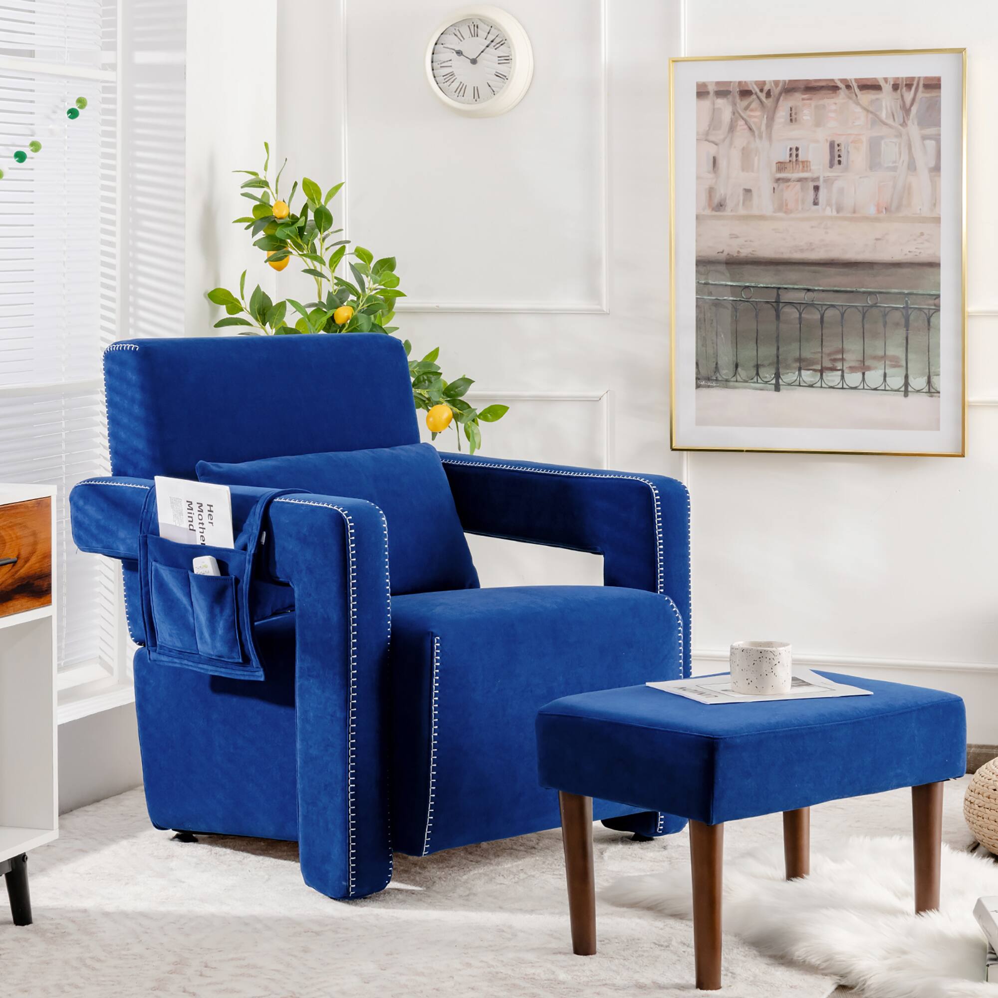 I'm sorry, but the text you provided does not make sense and does not relate to the image. The image shows a blue chair and ottoman in a living room, with a clock on the wall and a potted plant nearby.