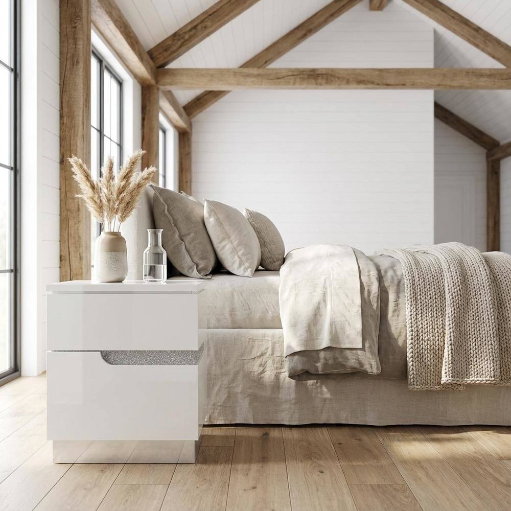 Angle. FurniFact - Glam White Nightstand with High-Gloss Finish and Ball Ing Drawers - White.