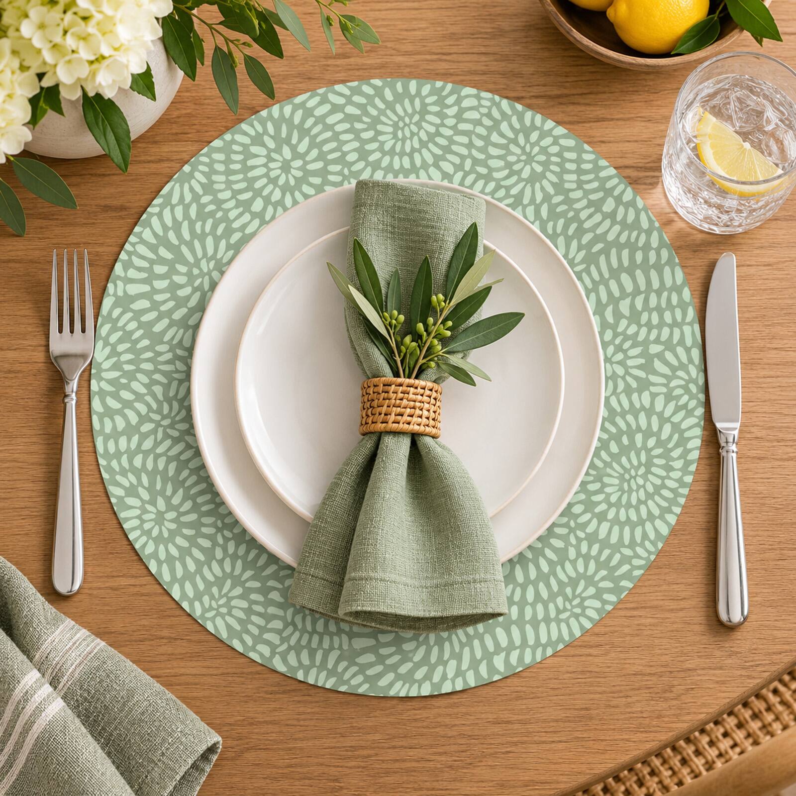 Alt View 1. Frieling - Davanti by  Casa Round Vinyl Placemat, 15" Diameter, Sage Green Petal Print - Green.
