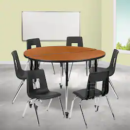 Emma + Oliver - Mobile 47.5" Circle Wave Collaborative Laminate Activity Table Set with 18" Student Stack Chairs, Grey/Black - Oak