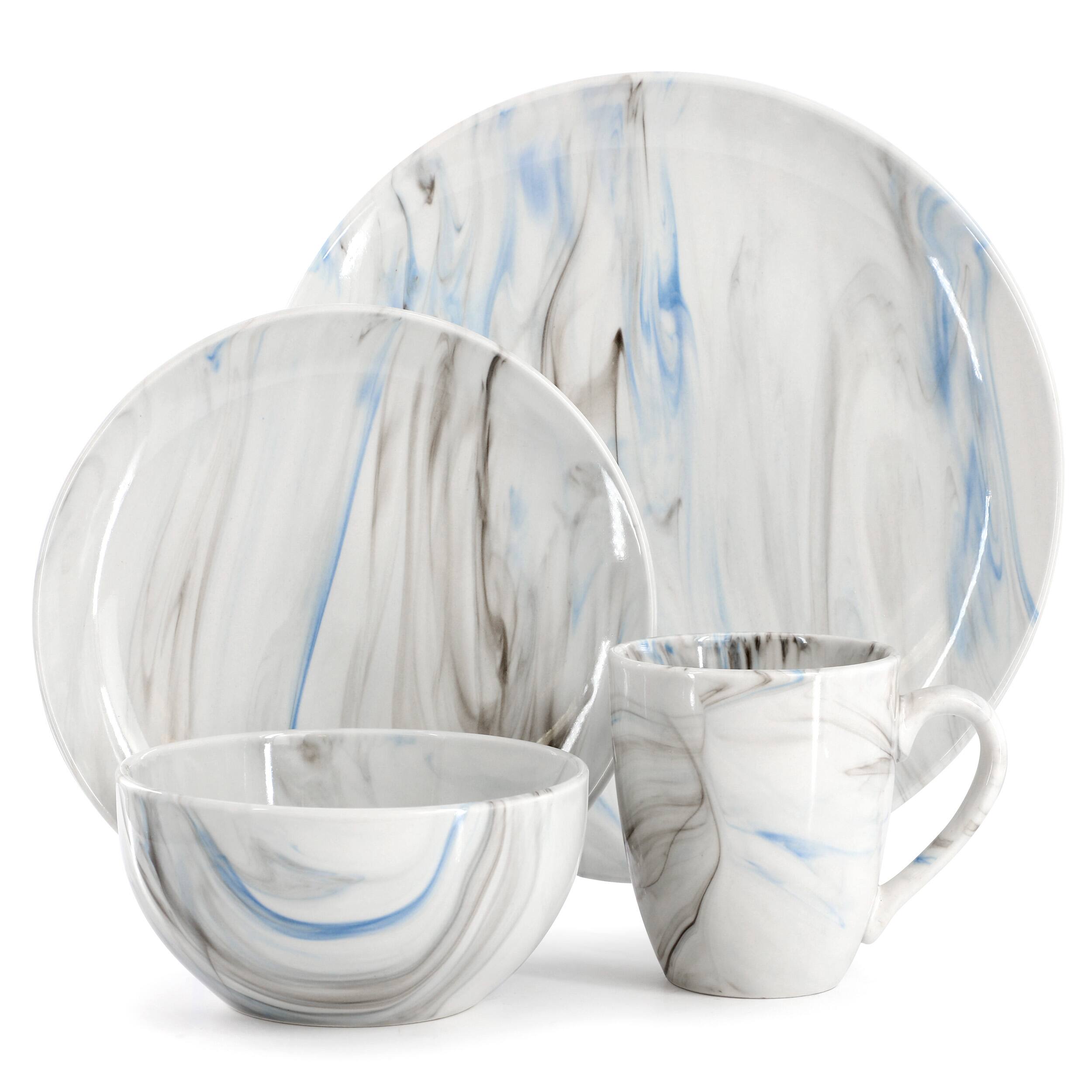 Alt View 1. Elama - Elama Fine Marble 16 Piece Porcelain Dinnerware Set in Blue and Gray - Blue and Gray.