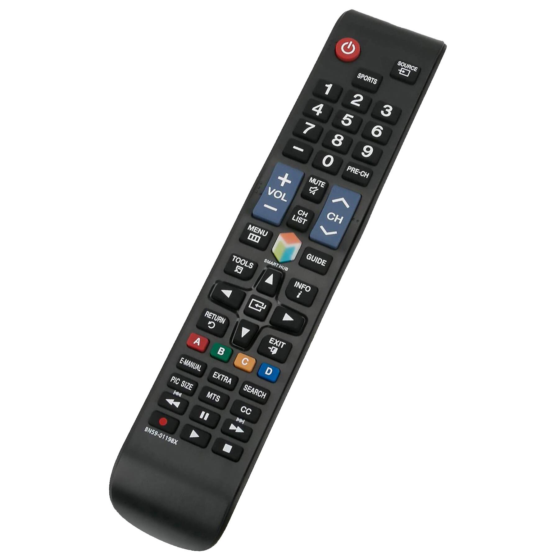SOURCE E SPORTS 1 2 4 3 5 7 6 8 - 9 0 PRE-CH + MUTE VOL A - CH CH LIST MENU TOOLS SMARTHUB GUIDE B INFO i RETURN A EXIT p- E-MANUAL C D PIC EXTRA SIZE H MTS SEARCH " CC P 8N59-01 198X