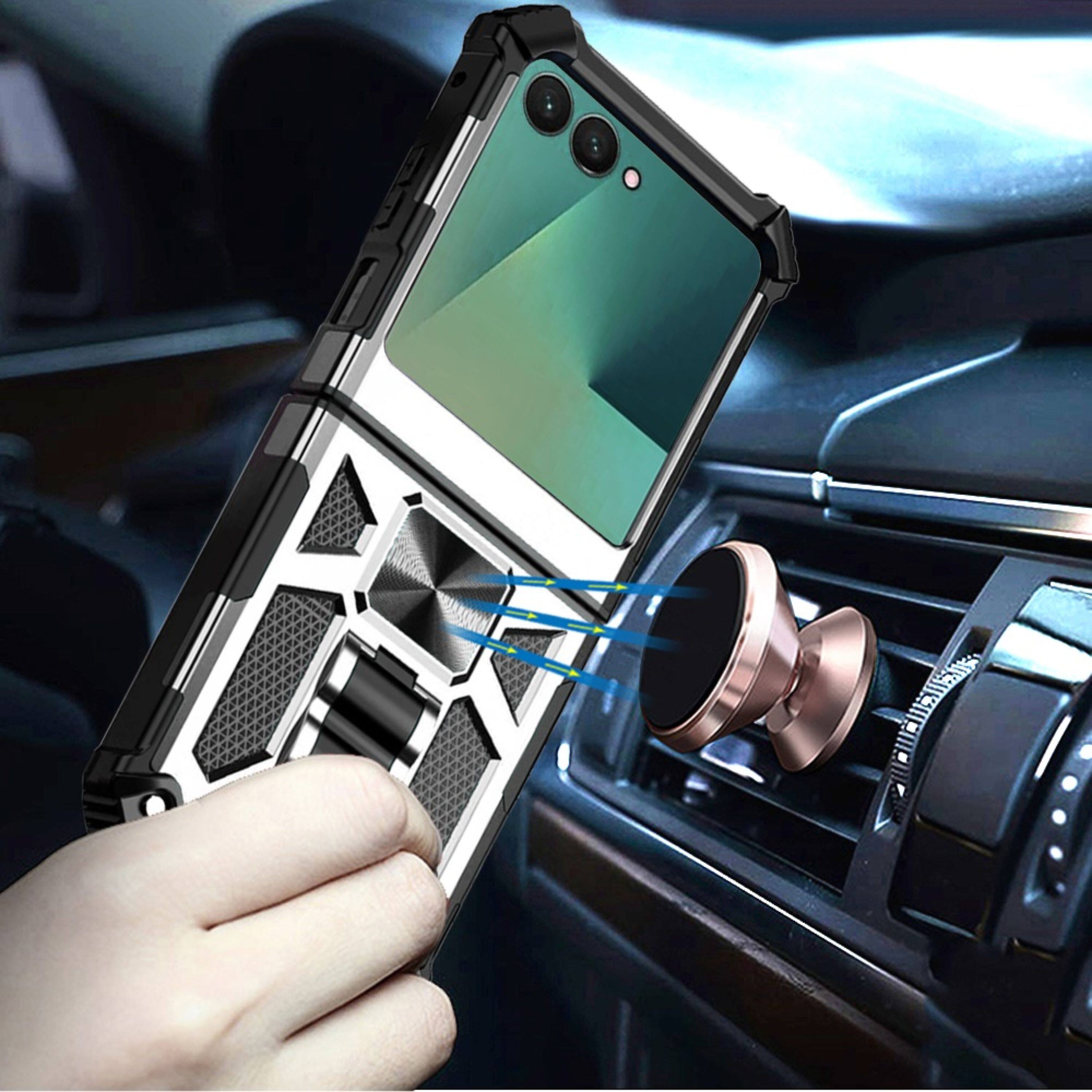 Angle. Kitcheniva - Shockproof Modern Case With Metal Ring Stand & Tempered Glass For Samsung Galaxy Z Flip 7 Silver - Silver.