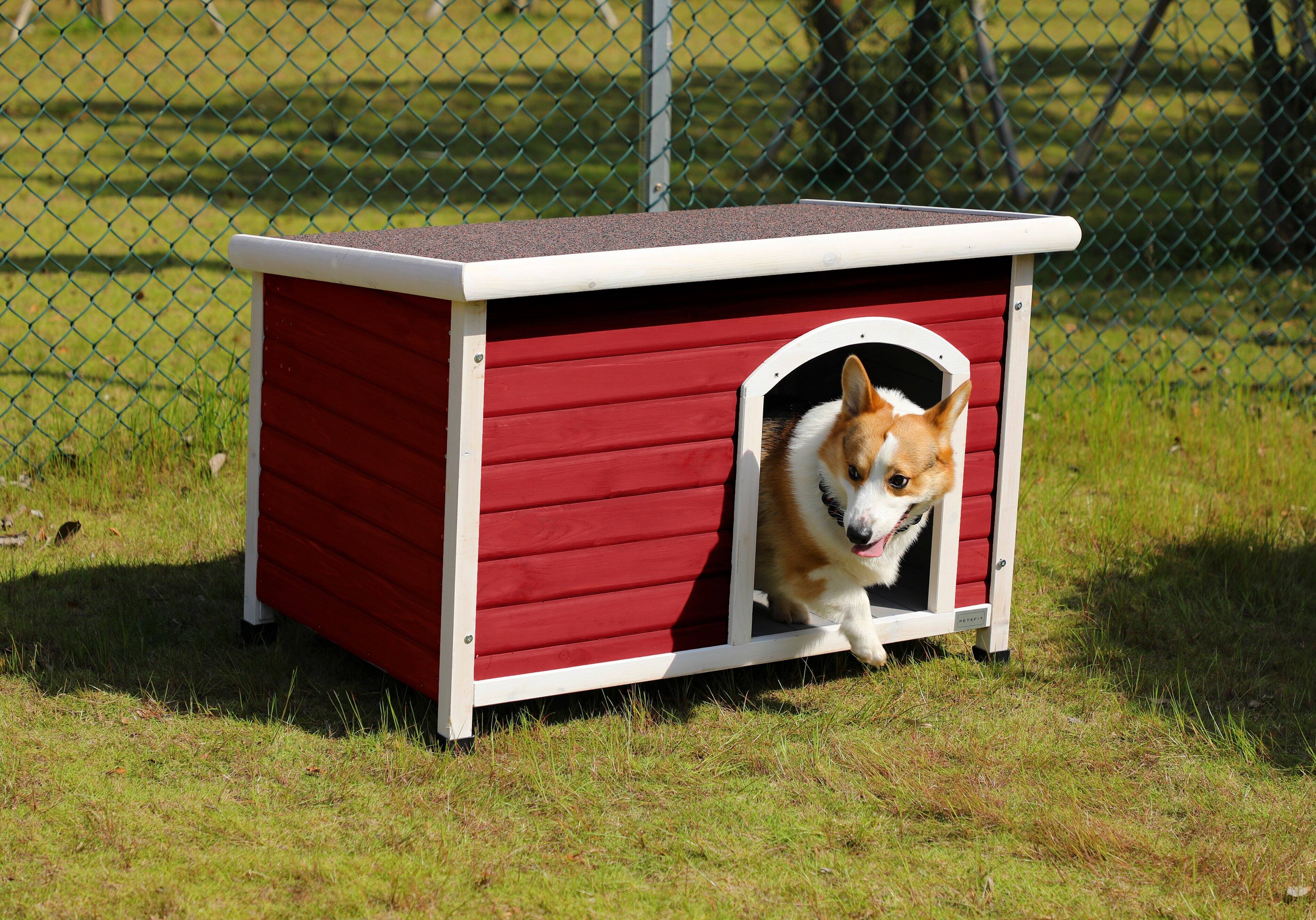 Front. Siljoy - Red Medium Cedar Dog House, Waterproof Asphalt Roof, Elevated Floor & PVC Curtain for Dogs up to 70 lbs.