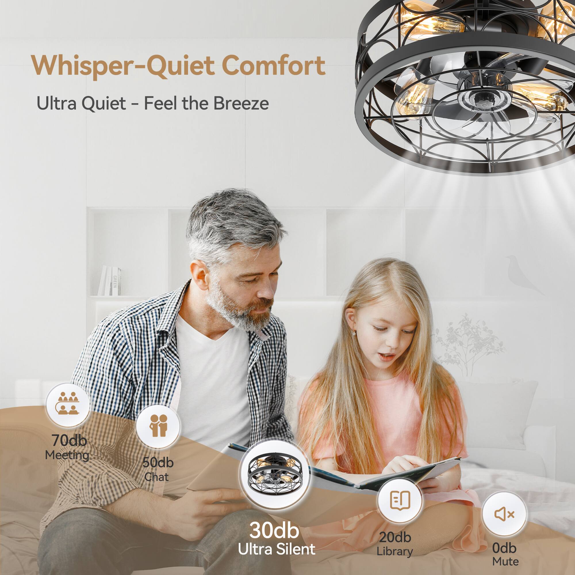 Whisper-Quiet Comfort  
Ultra Quiet - Feel the Breeze  

70db Meeting  
50db Chat  
30db Ultra Silent  
20db Library  
0db Mute