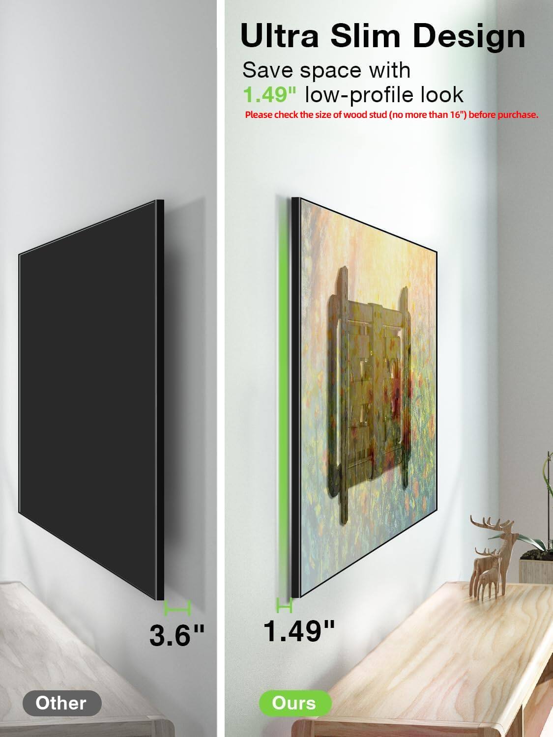 Ultra Slim Design  
Save space with 1.49" low-profile look  
Please check the size of wood stud (no more than 16") before purchase.  

3.6" H  
1.49"  

Other  
Ours