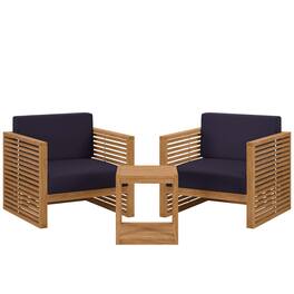 Modway - Carlsbad 3-Piece Teak Wood Outdoor Patio Set - Grade A Premium Teak, All-Weather Cushions - Natural Navy