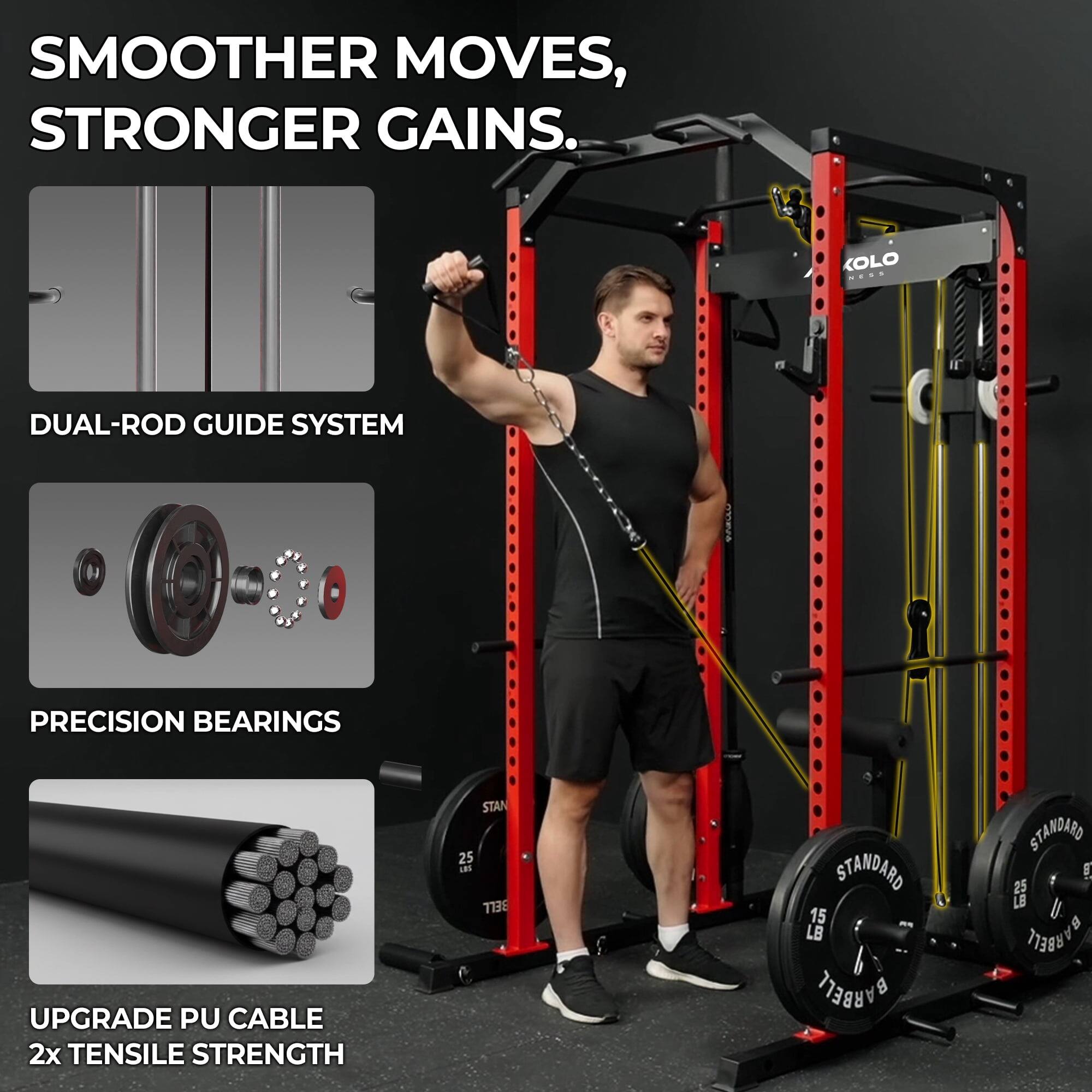 SMOOTHER MOVES, STRONGER GAINS.

DUAL-ROD GUIDE SYSTEM

PRECISION BEARINGS

UPGRADE PU CABLE 2x TENSILE STRENGTH

STANDARD 15 LB BARBELL

STANDARD 25 LB BARBELL