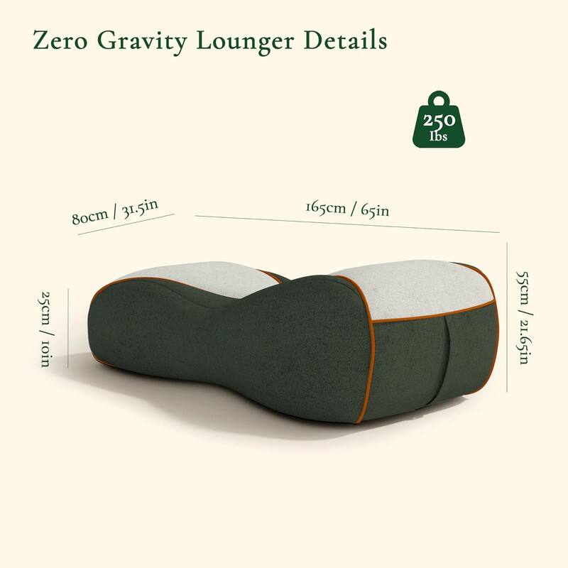 Zero Gravity Lounger Details

- Weight Capacity: 250 lbs
- Width: 80 cm / 31.5 in
- Length: 165 cm / 65 in
- Height: 55 cm / 21.65 in
- Depth: 25 cm / 10 in