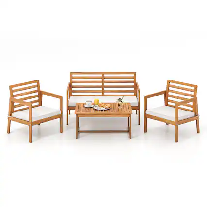 Front. Gymax - Gymax 4 PCS Wood Patio Furniture Set w/ Soft Seat Cushions Solid Acacia Wood Frame - Off White.