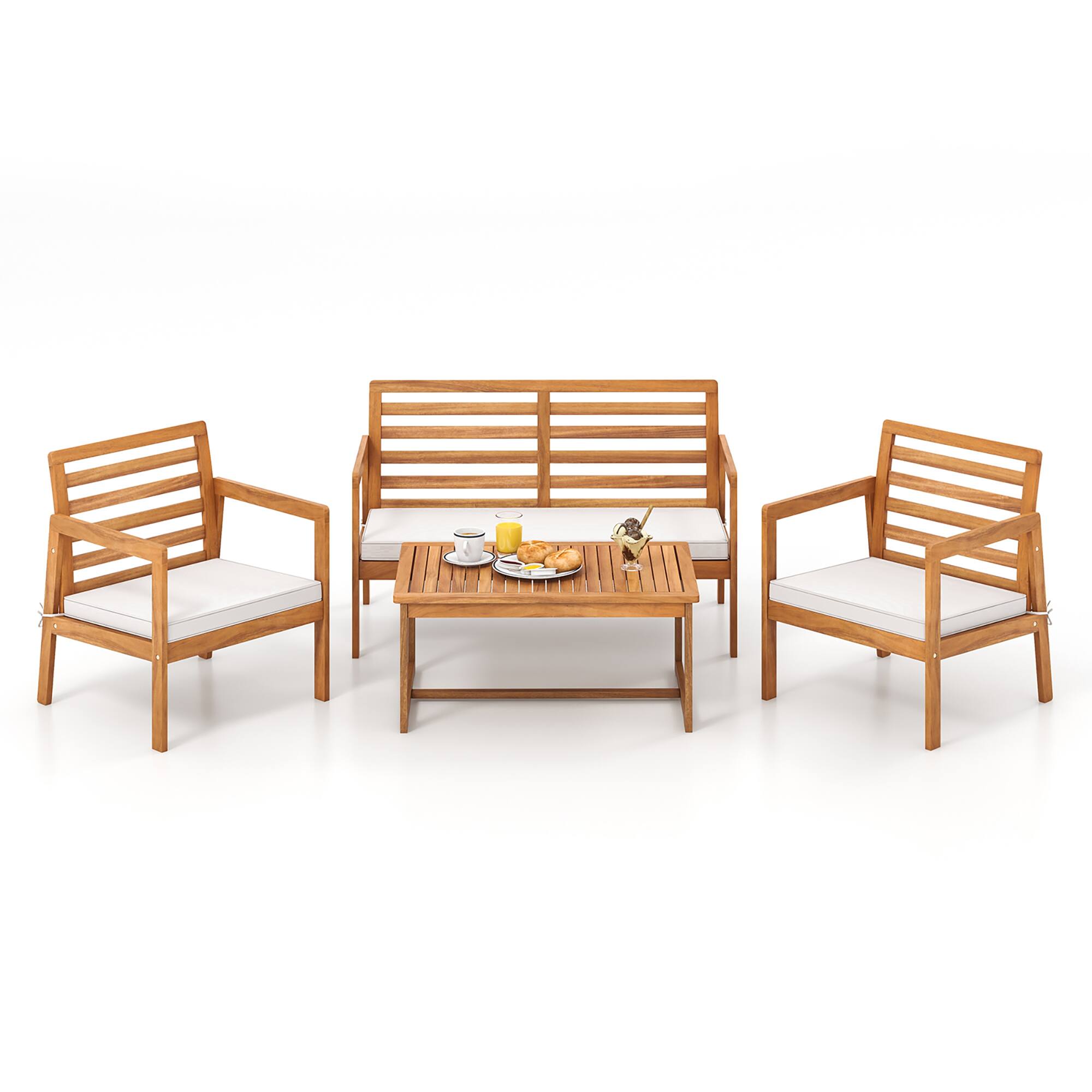 Front. Gymax - Gymax 4 PCS Wood Patio Furniture Set w/ Soft Seat Cushions Solid Acacia Wood Frame - Off White.