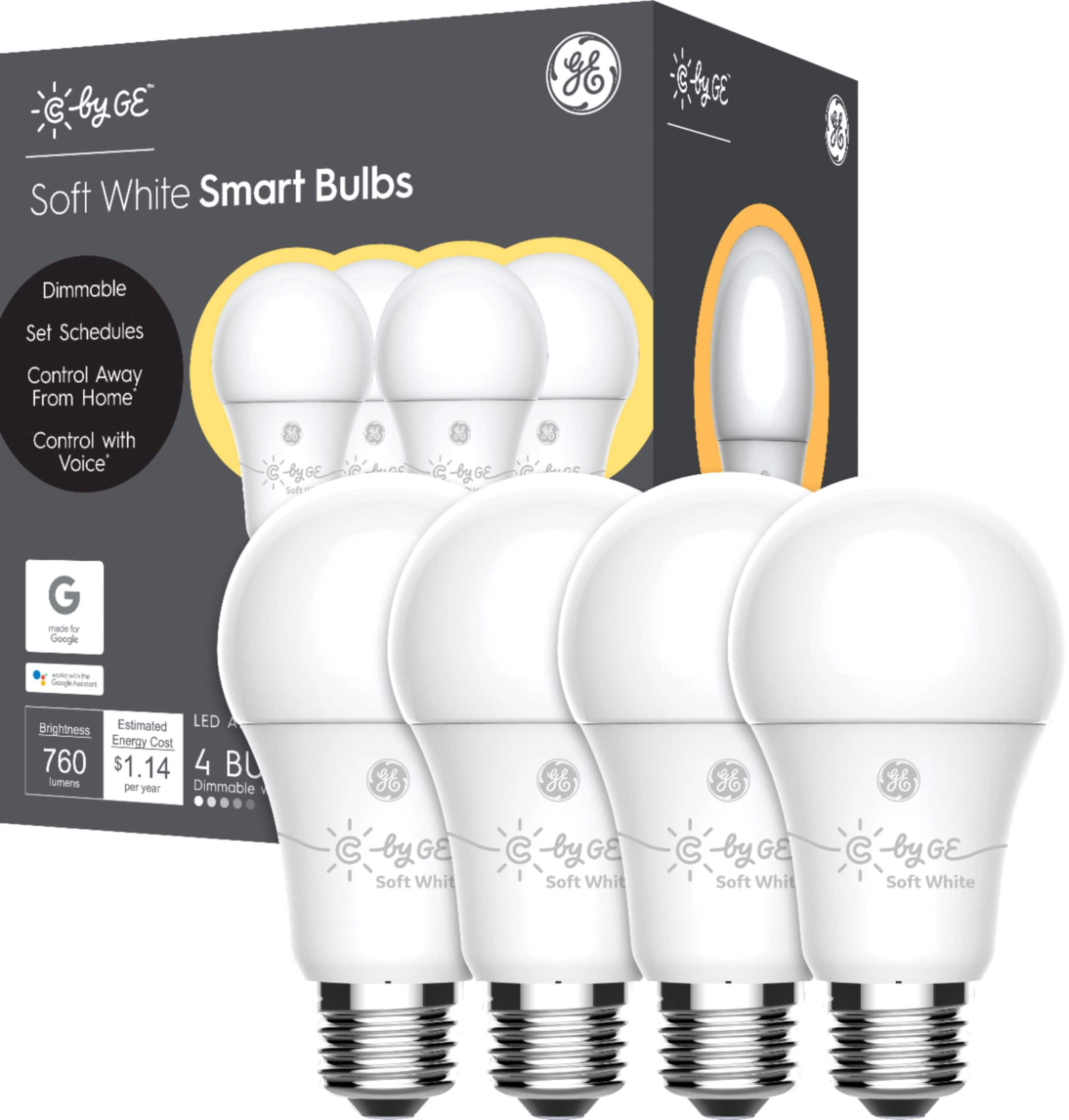 Front. C by GE - A19 Bluetooth Smart LED Light Bulb with Google Assistant/Alexa/HomeKit (4-Pack) - White Only.