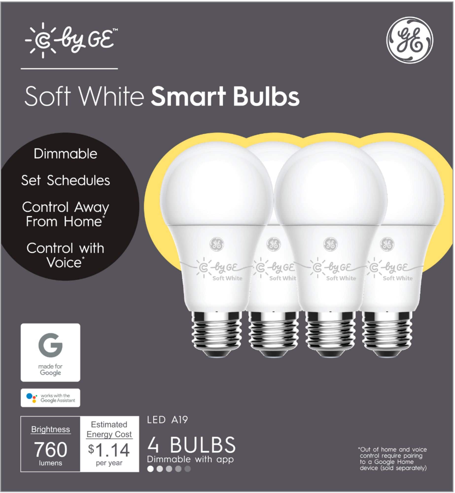Alt View 11. C by GE - A19 Bluetooth Smart LED Light Bulb with Google Assistant/Alexa/HomeKit (4-Pack) - White Only.