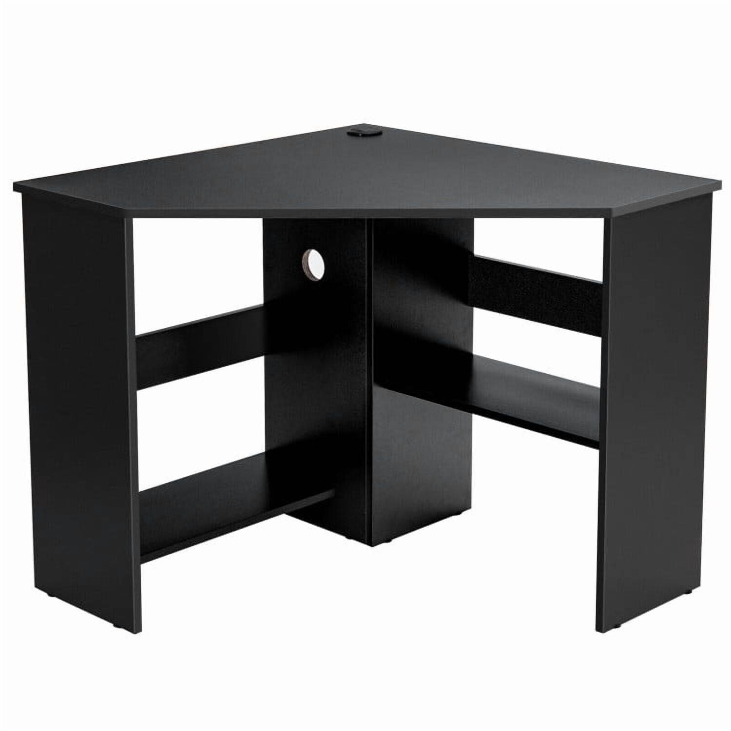 Alt View 2. Kadyn - Corner Computer Desk Triangle Writing Workstation with Storage Shelf-Black, Home Office Desks, Gaming Computer Desks - Black.