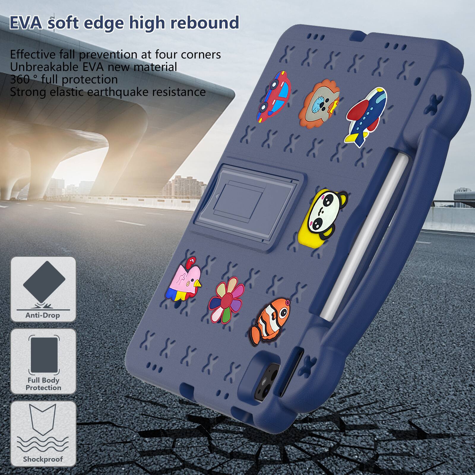 EVA soft edge high rebound  
Effective fall prevention at four corners  
Unbreakable EVA new material  
360° full protection  
Strong elastic earthquake resistance  

Anti-Drop  
Full Body Protection  
Shockproof