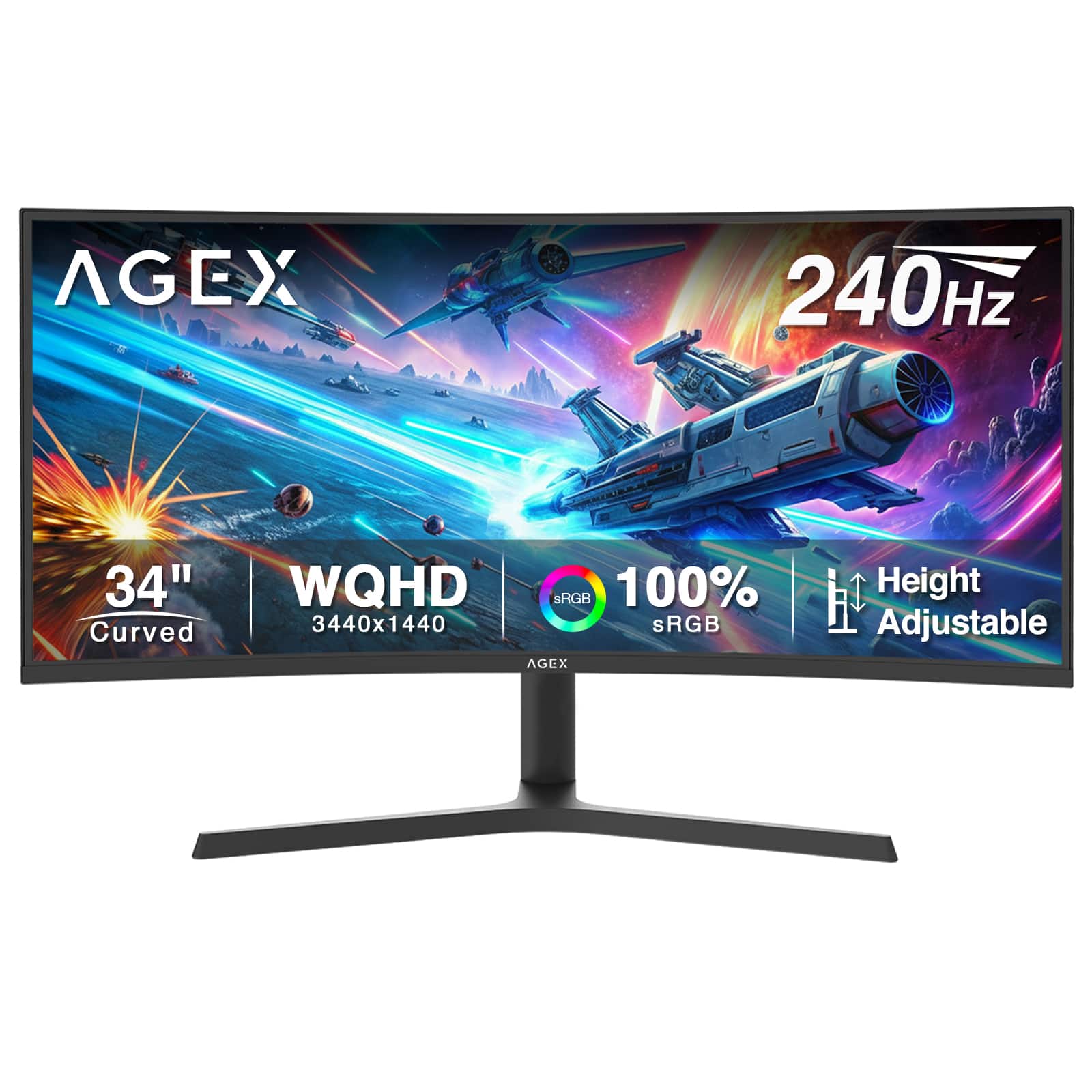 Z-Edge - AGEX Series AG34P 34" UWQHD 3440x1440 21:9 Ultra Wide 240Hz 1ms Curved Gaming Monitor, 1.07 B Colors, 100% sRGB - Black