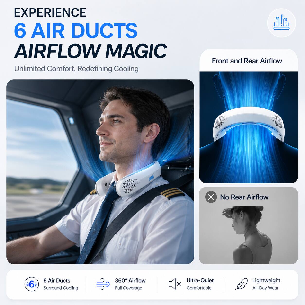 EXPERIENCE  
6 AIR DUCTS  
AIRFLOW MAGIC  
Unlimited Comfort, Redefining Cooling  

Front and Rear Airflow  
No Rear Airflow  

6 Air Ducts - Surround Cooling  
360° Airflow - Full Coverage  
Ultra-Quiet - Comfortable  
Lightweight - All-Day Wear