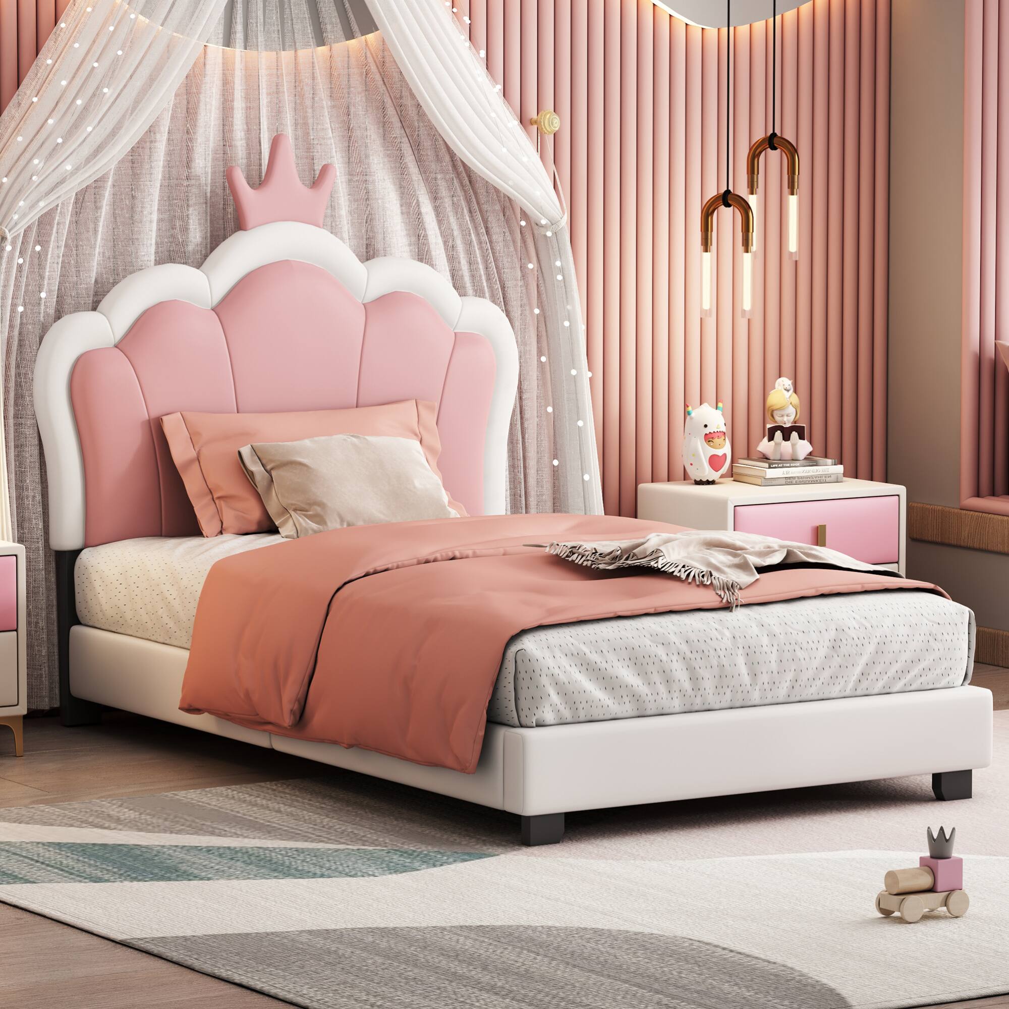 Alt View 1. GOODSILO - Twin Size Crown Headboard Upholstered Platform Bed with Headboard and Footboard for Girls Bedroom - Cream.