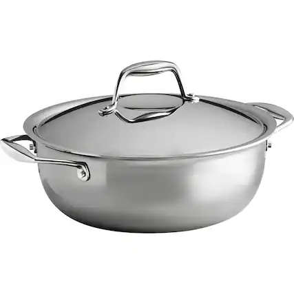 Angle. Tramontina - Tri-Ply Clad 4-Quart Covered Universal Pan - Mirror Polished.