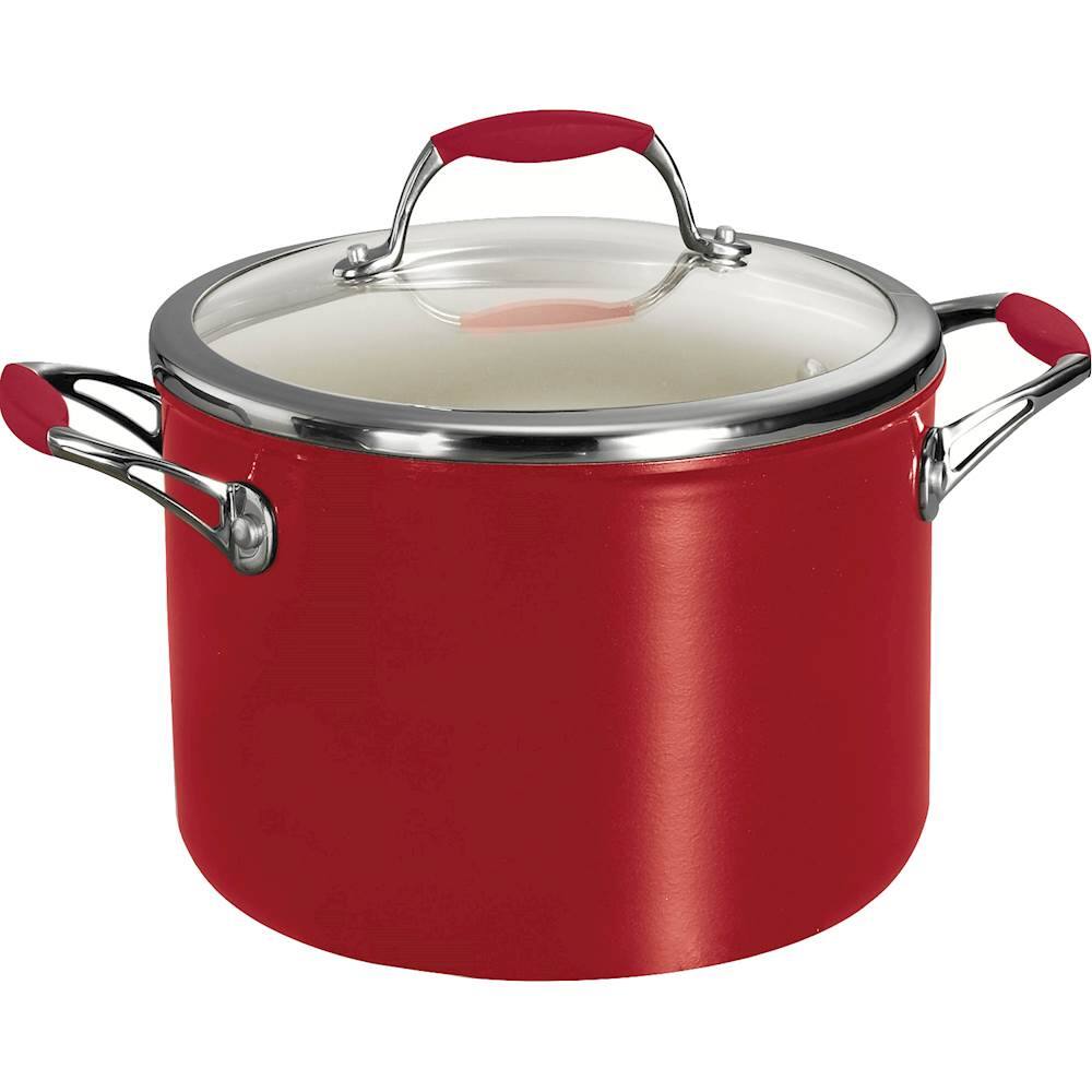 Angle. Tramontina - Gourmet Ceramica Deluxe 6-Quart Covered Stock Pot - Metallic Red.