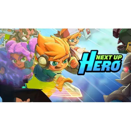 The image features a group of cartoon characters, including a boy with blond hair and headphones, who appears to be the main character. The scene also includes a sword and a shield, suggesting that the characters are engaged in some kind of action or adventure. The text "Next Up Hero" is prominently displayed in the image, indicating that this is likely the title or theme of the game or story. - E10+ (Everyone 10+)