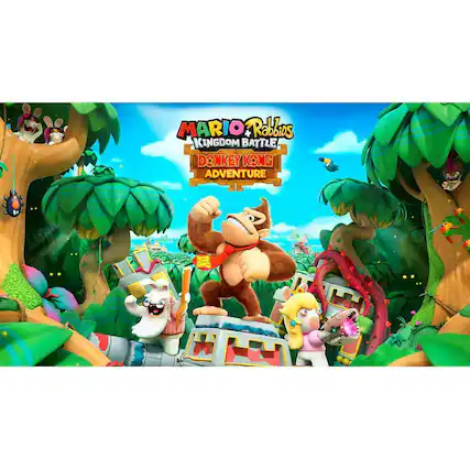 The image features a colorful scene with various characters from the Mario and Donkey Kong franchises. There is a large, cartoonish Donkey Kong figure in the center, surrounded by other characters. The scene appears to be a promotional image for the Mario and Donkey Kong franchise, possibly for a game or an event. The characters are standing on a platform, and there is a tree in the background. The image is visually appealing and showcases the popular characters from these iconic video game series. - E10+ (Everyone 10+)