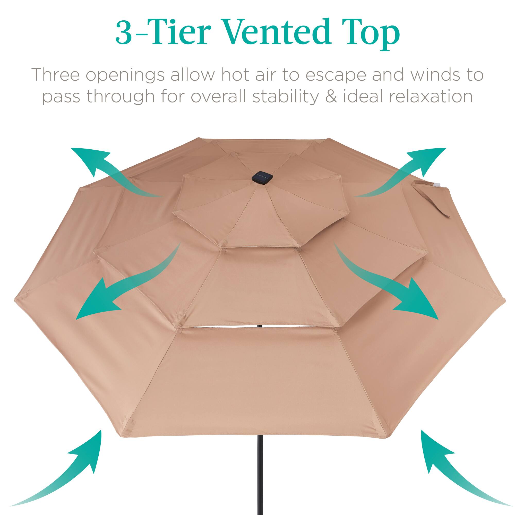 3-Tier Vented Top

Three openings allow hot air to escape and winds to pass through for overall stability & ideal relaxation